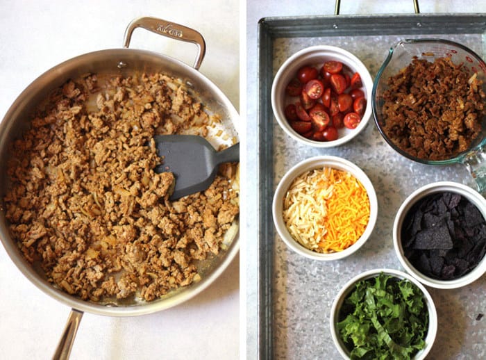 Left side of picture is overhead picture of taco meat in a skillet, right side is overhead of all taco ingredients in white dishes.