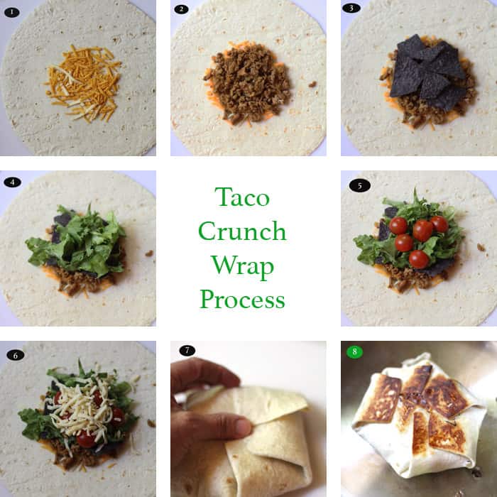 Process photos 1 - 9, showing each layer of crunch wrap process.