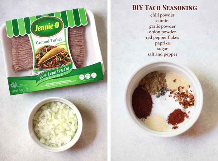 Left side is a picture of raw ground turkey and diced onions, and right side is DIY taco seasoning in white dish with ingredients listed above.