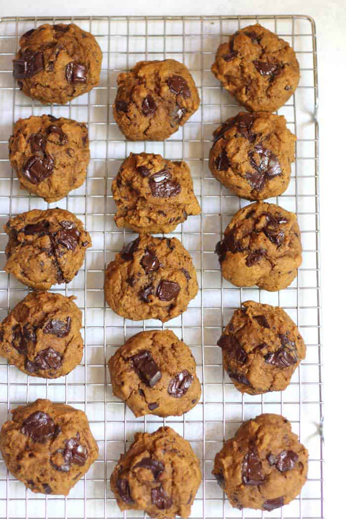 Overhead shot of pumpkin chocolate chunk cookies on a cooling rack on white background.