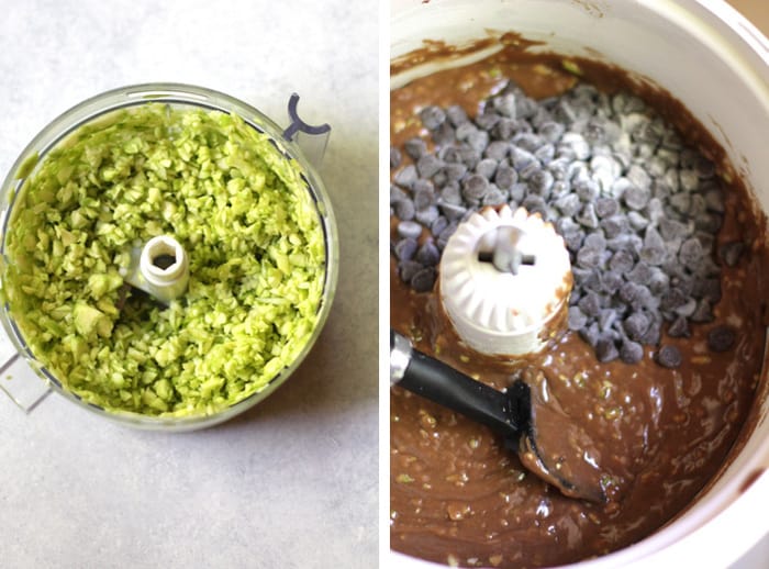 Overhead process shots of 1) chopped zucchini in a food processor bowl, and 2) the chocolate zucchini batter with chocolate chips in a mixer.