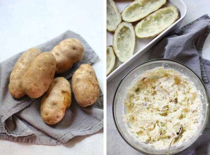 Overhead process shots of 1) a pile of potatoes on a gray napkin, and 2) a glass bowl with the potato ingredients all mixed together, with a corner of the casserole dish showing.