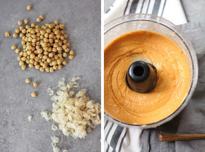 Collage of 1) the chickpeas without the skins and 2) the food processor after processing the hummus.