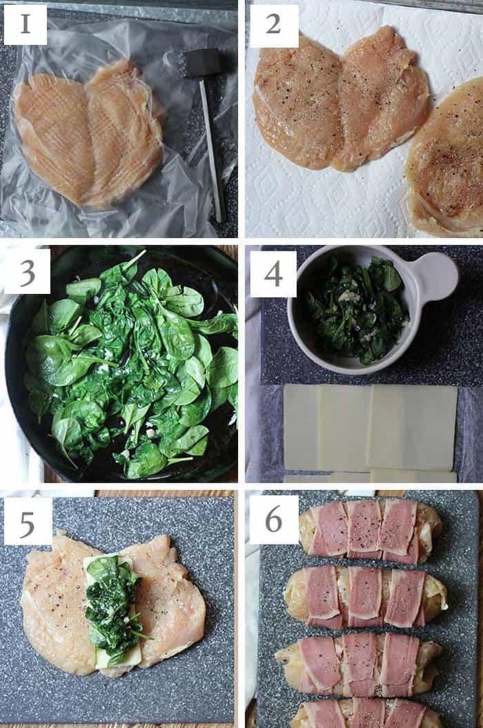 Overhead process shots of pounding and seasoning the chicken breasts, prepping the filling, and stuffing and wrapping the chicken breasts.