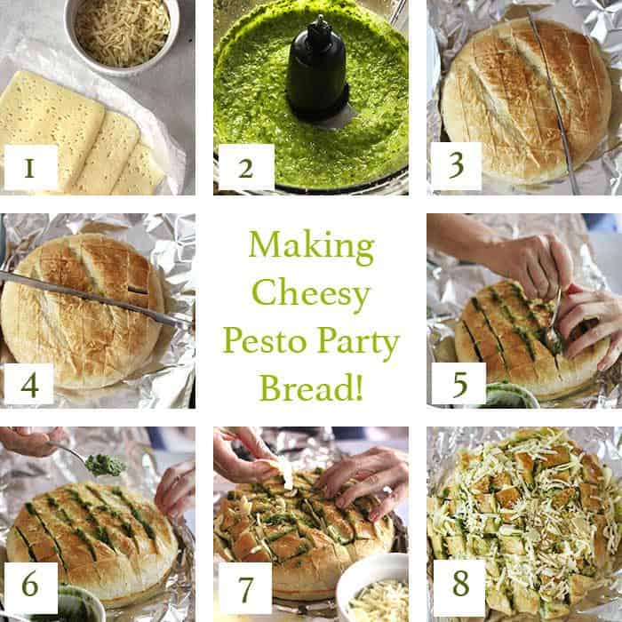 Collage of the 9 steps for making cheesy pesto party bread.