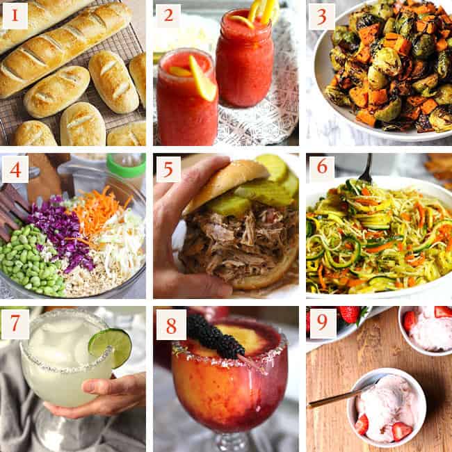 Collage of top 9 recipes of the year - French bread, lemonade vodka slushies, Brussels sprouts and sweet potatoes, asian cabbage salad, pulled pork sandwich, pesto vegetable pasta, skinny margarita, frozen blackberry peach margarita, homemade strawberry ice cream.