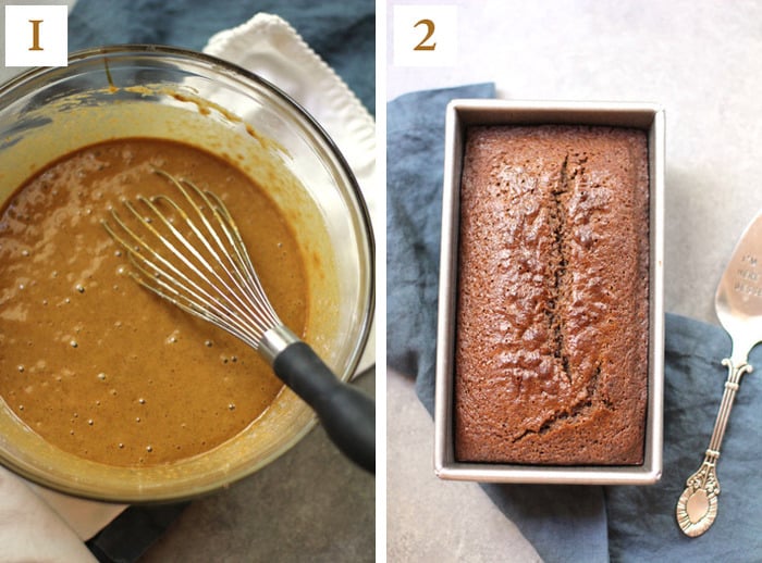 Collage of 1) the gingerbread dough, 2) the baked gingerbread loaf.