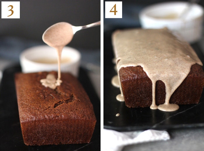 Collage of drizzling the icing on the gingerbread loaf.