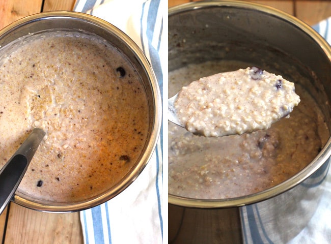 Overhead shots of 1) the oats after thickening up in the instant pot, and 2) a large spoonful of the thickened oats.