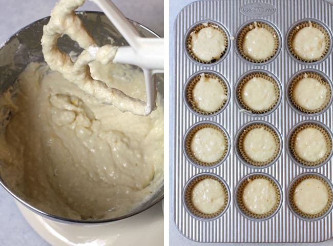 Overhead shot of 1) lemon cupcake batter in a mixer, and 2) cupcake batter in liners in a cupcake tin.