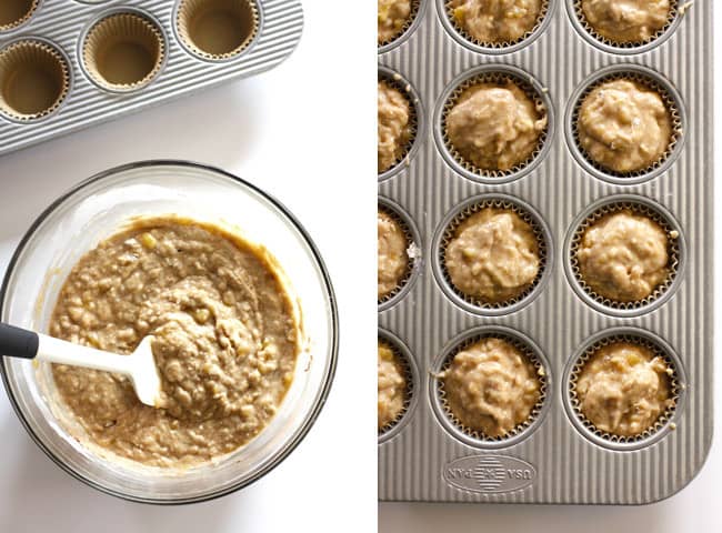 Collage of 1) the banana batter in a bowl, and 2) the banana batter in a muffin tin.
