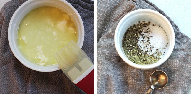Overhead process shots of 1) the butter/olive oil mixture in a white dish, and 2) the herb mixture in a white dish.