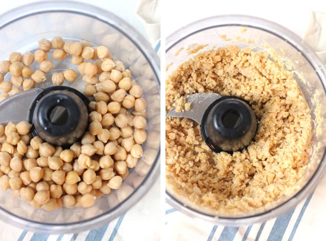 Process shots of 1) chickpeas in a food processor, and 2) pulsed chickpeas in a food processor.