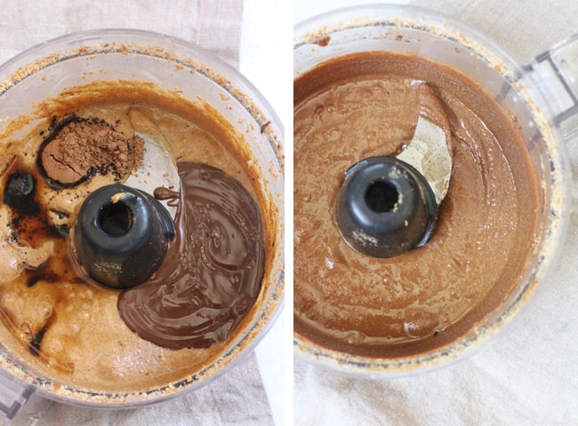 Overhead process shots of 1) the ingredients for homemade chocolate almond butter in a food processor, and 2) the finished creamy homemade chocolate almond butter.