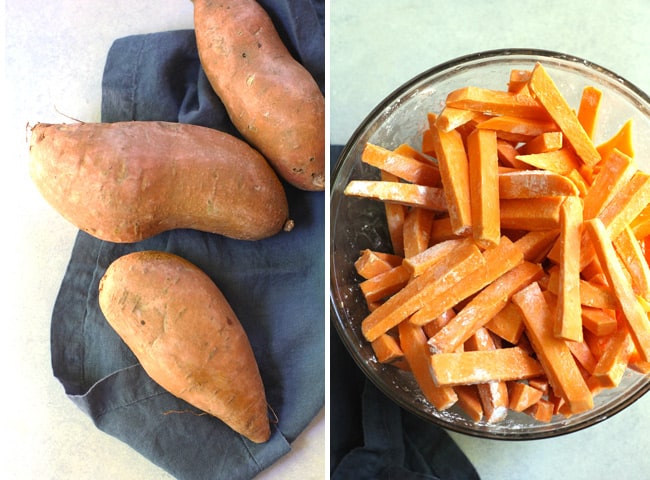 Collage of 1) whole sweet potatoes, and 2) prepared fries.