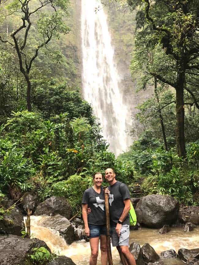 Sue and Mike by a waterfall in Hawaii, in Jan 2017.