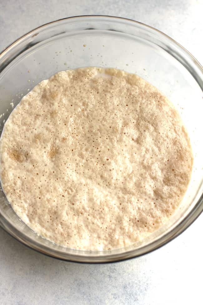 A glass bowl of the bubbly yeast mixture.
