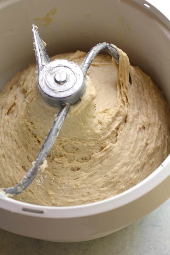 A mixer with the finished dough inside.