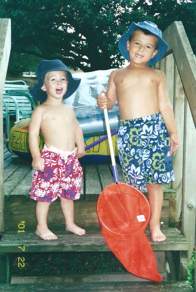 Josh and Zach in their swimsuits at Okoboji.