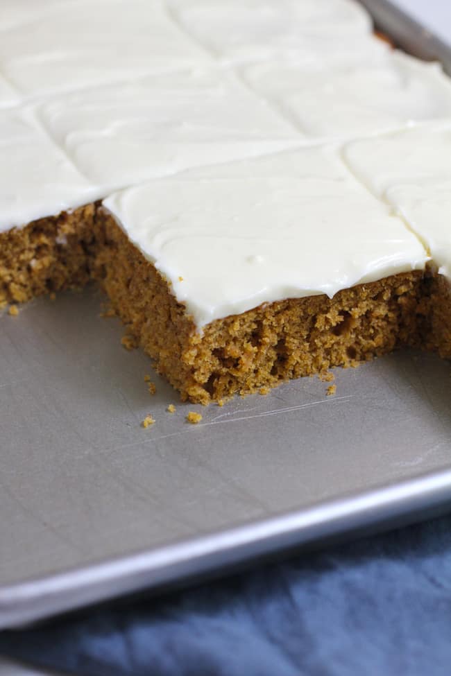 Side shot of a partial pan of pumpkin cake with cream cheese frosting, on a blue napkin.