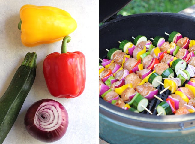 Process shots of 1) the peppers, zucchini, and red onion, and 2) the skewers on the Big Green Egg.