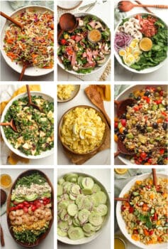 9 salad recipes for your next potluck, with pictures on a grid.