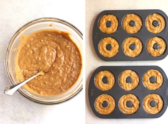 Collage of 1) pumpkin batter in a glass bowl, and 2) the pumpkin batter in donut pans.