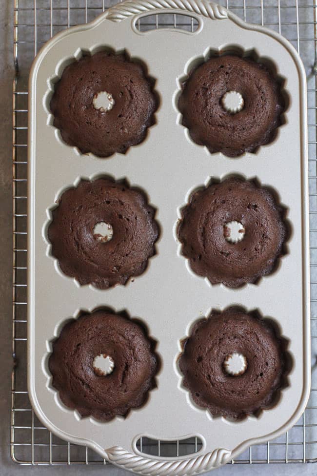 Overhead shot of 6 mini bundt cakes in a bundlette pan.
