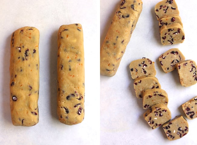 Collage of 1) two logs of cranberry orange shortbread dough, and 2) some sliced shortbread dough.