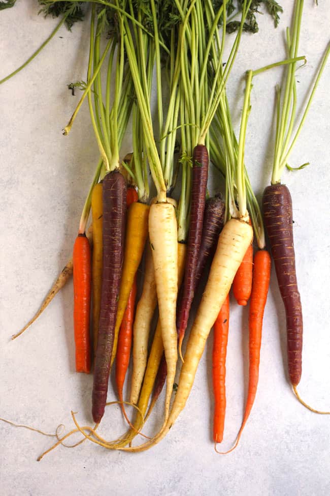 Overhead shot of a bunch of raw whole multi-colored carrots on a white background.