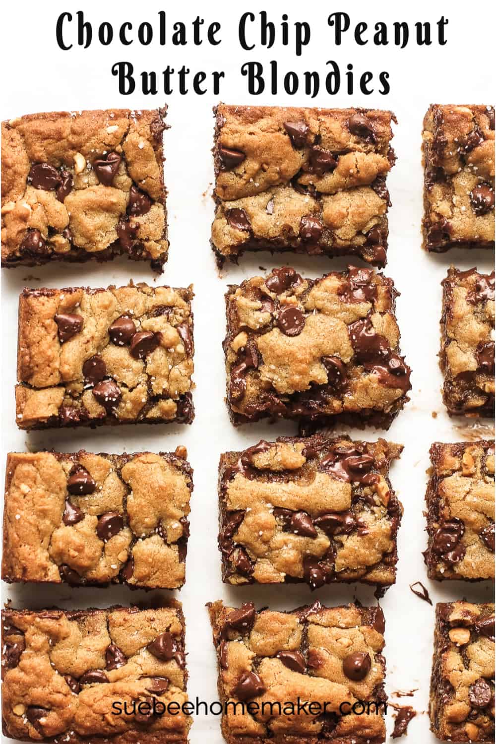 Overhead view of chocolate chip peanut butter blondies.