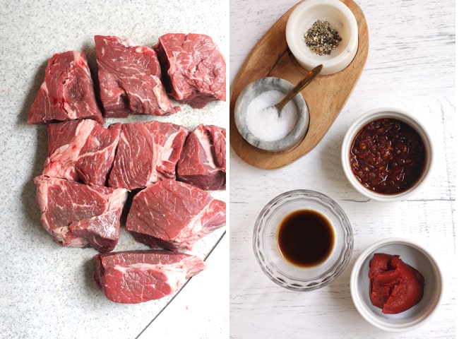 Collage of raw beef cut into cubes, and the seasonings for the beef.
