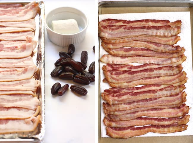 Collage of 1) bacon wrapped dates with goat cheese ingredients, and 2) par-cooked bacon.