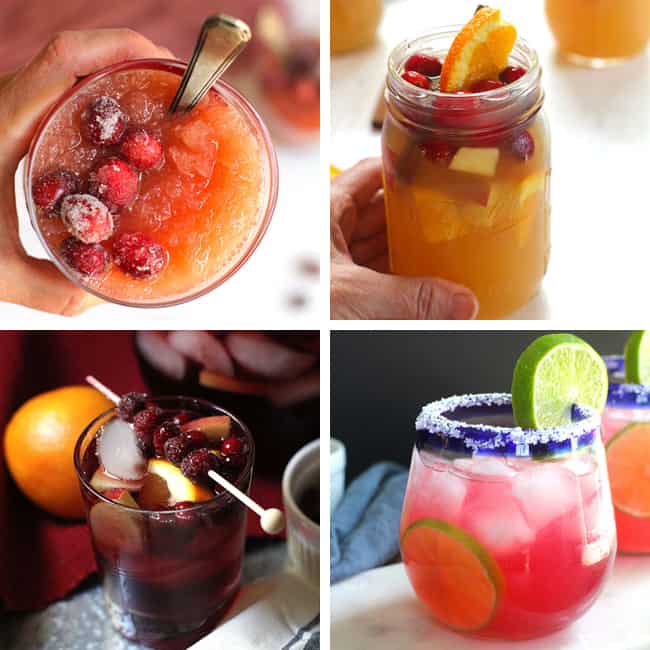 Collage of four cocktails using sugared cranberries.