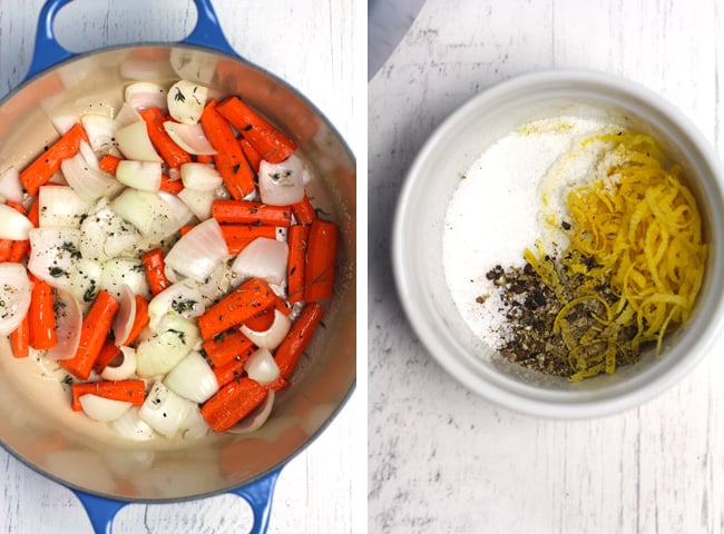 Collage of 1) a blue dutch oven with carrots and onions and spices, and 2) the seasoning and lemon zest mixture in a small white bowl.