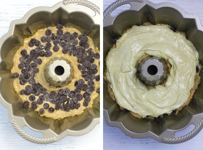 Collage of 1) a bundt cake with batter and chocolate chips, and 2) the cream cheese layer on top of the chocolate chips.