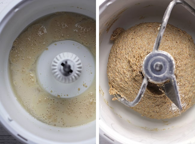 Collage of 1) mixer with the yeast mixture, and 2) mixer with whole wheat honey dough.