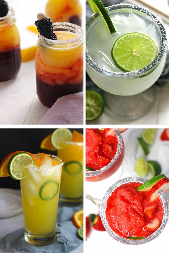 A collage of four margaritas - blackberry peach, classic skinny, orange jalapeno, and strawberry lemonade.