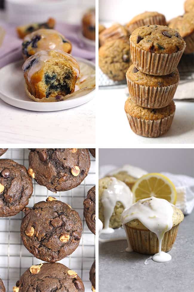 A collage of four muffin recipes - blueberry, chocolate zucchini, peanut butter chocolate banana, and lemon poppyseed.