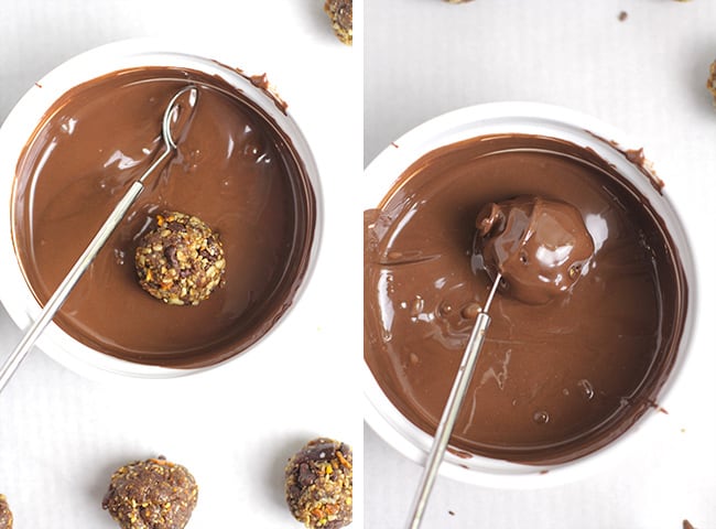Collage of the process of adding chocolate to the energy bites.