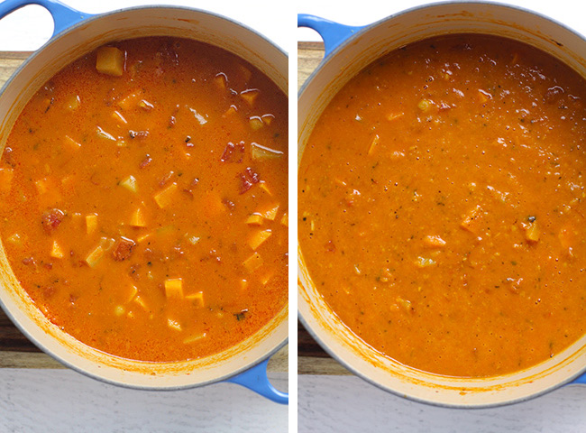 Overhead shot of 1) the soup before being pureed, and 2) the soup after partially pureed.