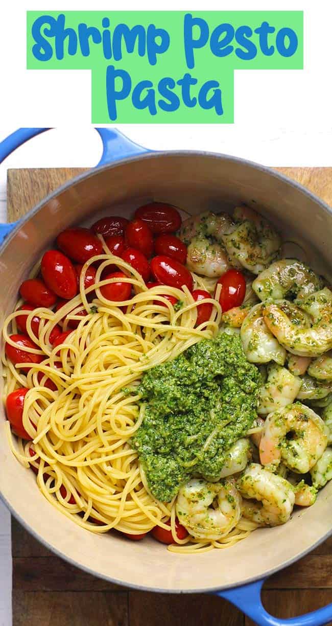 A pot of shrimp pesto pasta separated by ingredient.