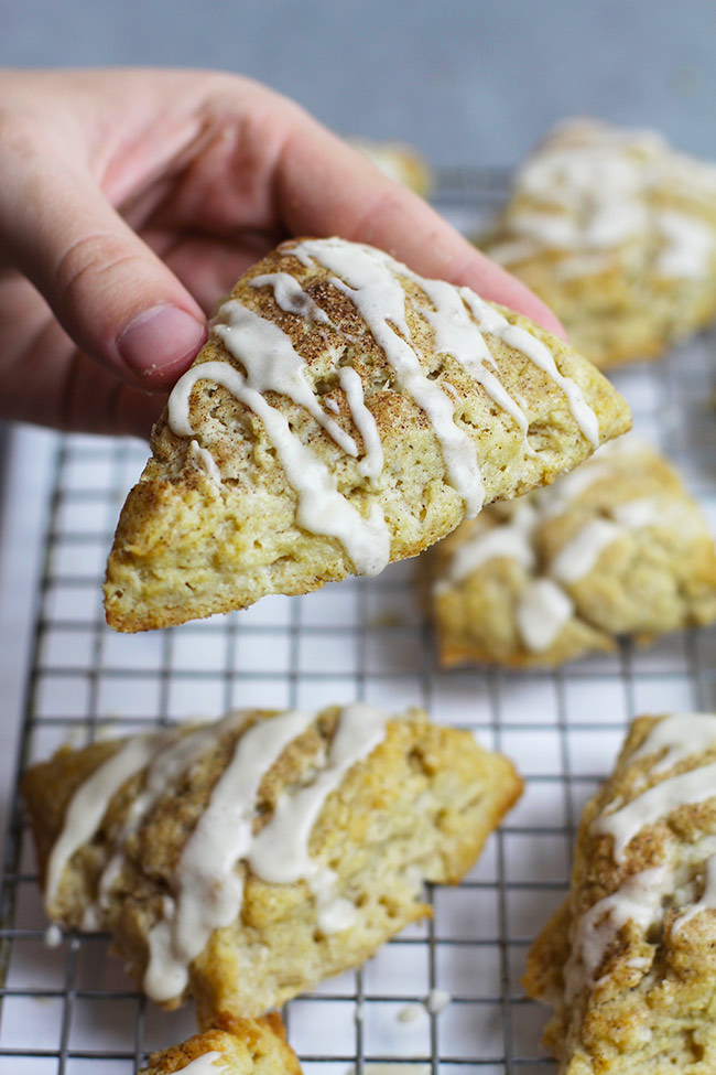 A hand holding one of the snickerdoodle scones.