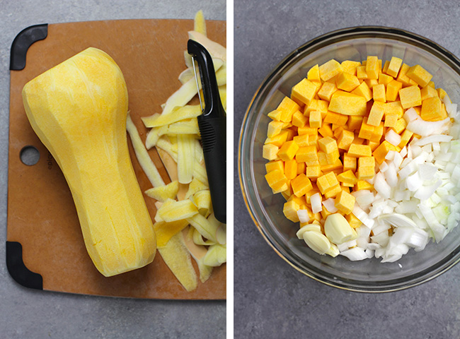 Collage of 1) the peeled butternut squash and 2) the diced squash and onion.