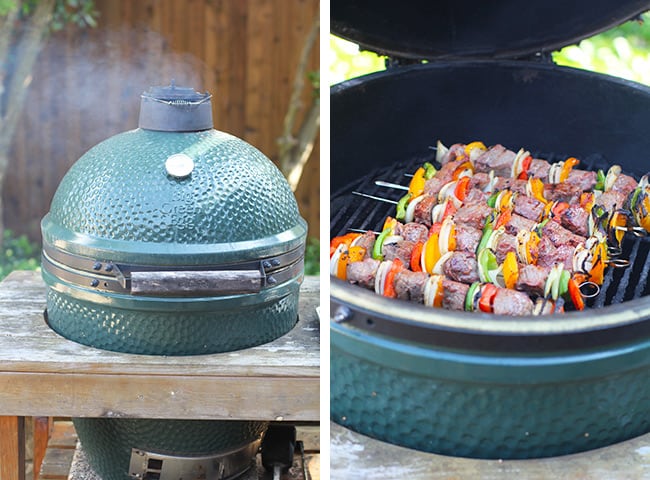 Collage of 1) the Big Green Egg, and 2) the steak kabobs being grilled on the BGE.