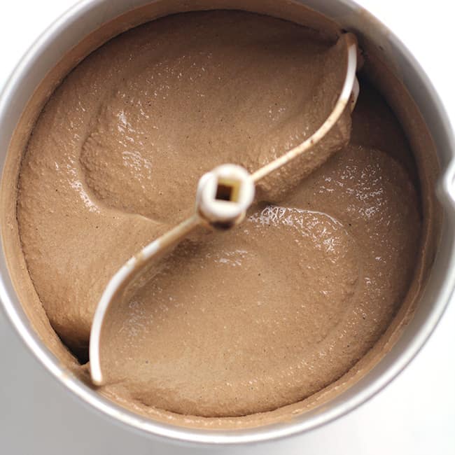 Overhead shot of a four-quart ice cream maker filled with just-made chocolate ice cream.