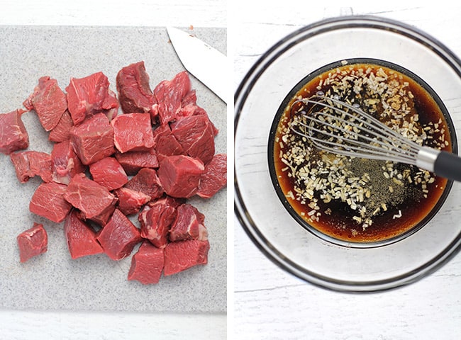 Collage of 1) the steak bites, and 2) the steak marinade.