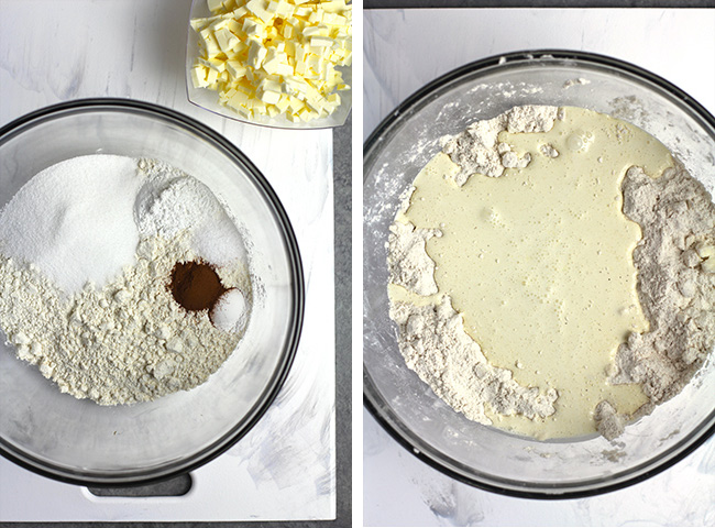 Collage of 1) the dry ingredients and 2) the wet ingredients poured over the dry.