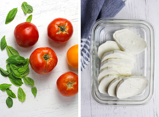 Collage of 1) fresh tomatoes and basil and 2) fresh mozzarella.
