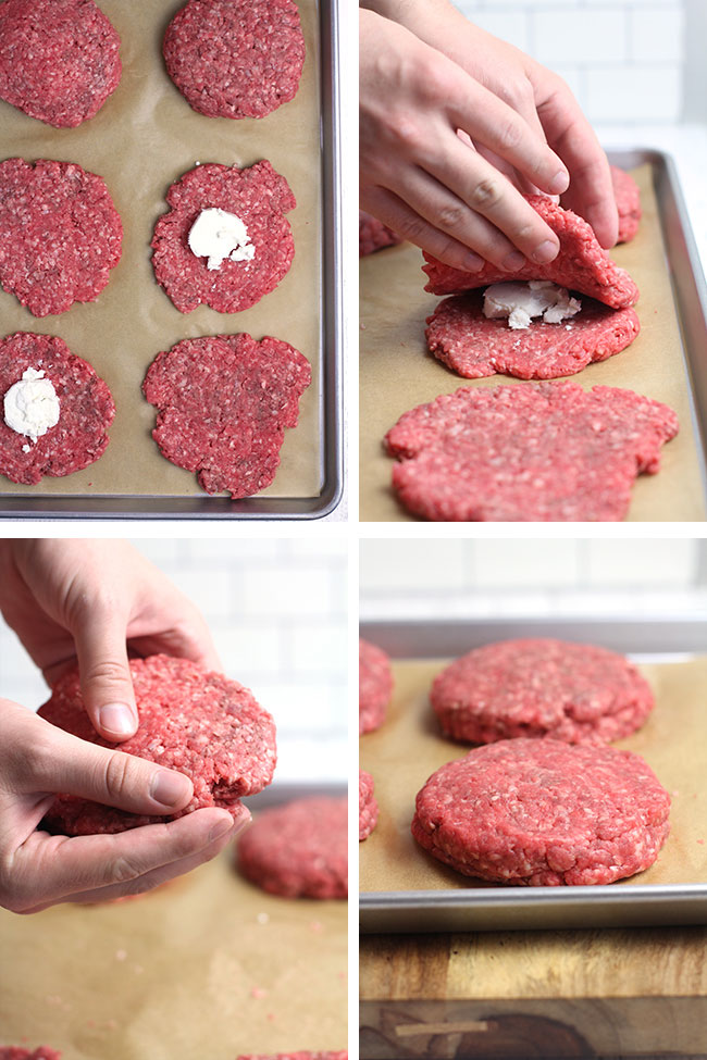 Collage of placing the cheese inside the patties and smoothing them closed.